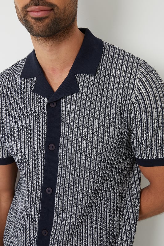 Upgrade your wardrobe this season with this stylish revere collar knitted shirt from Threadbare. This short sleeve knitted shirt has a Milano knit revere collar, placket and tubular cuffs and hem. Complete with full button-down fastening for easy styling. In a textured stripe knit and finished with the Threadbare metal branding tab above the hem. Pair with chino shorts for an effortless summer aesthetic that's great for outings, or make it date night appropriate with a pair of dark denim jeans and trainers.