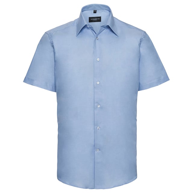 70% Cotton, 30% Polyester. Design: Plain. Fastening: Button. Neckline: Collared. Sleeve-Type: Short-Sleeved. Curved Hem. Length: R.