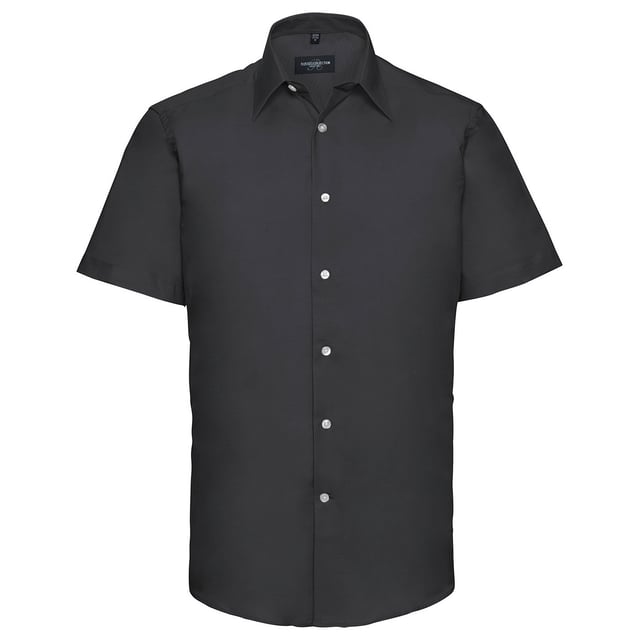 70% Cotton, 30% Polyester. Design: Plain. Fastening: Button. Neckline: Collared. Sleeve-Type: Short-Sleeved. Curved Hem. Length: R.