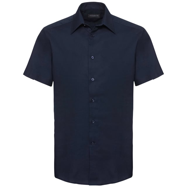 70% Cotton, 30% Polyester. Design: Plain. Fastening: Button. Neckline: Collared. Sleeve-Type: Short-Sleeved. Curved Hem. Length: R.