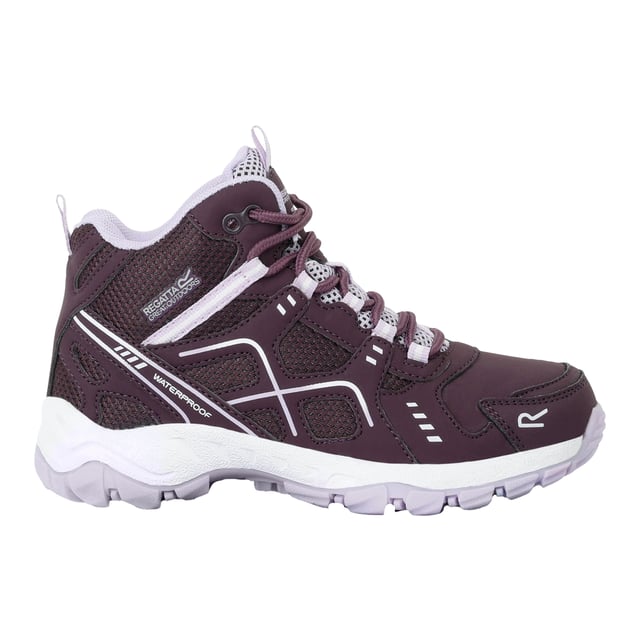 Regatta Childrens/Kids Vendeavour Walking Boots (Deep Plum/Lilac Frost) Upper: Mesh, Polyester, PU (Polyurethane). Lining: Breathable. Insole: Cushioned, EVA, Shock Absorbing. Outsole: TPR. 7 Eyelets. Fabric Technology: Isotex, Waterproof, Windproof. Die Cut Footbed, Pull Tab, Sealed Seams. Flat. Cut: Low. Design: Contrast, Logo. Toe Style: Round. Fastening: Lace Up.
