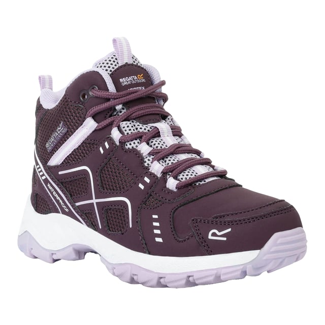 Regatta Childrens/Kids Vendeavour Walking Boots (Deep Plum/Lilac Frost) Upper: Mesh, Polyester, PU (Polyurethane). Lining: Breathable. Insole: Cushioned, EVA, Shock Absorbing. Outsole: TPR. 7 Eyelets. Fabric Technology: Isotex, Waterproof, Windproof. Die Cut Footbed, Pull Tab, Sealed Seams. Flat. Cut: Low. Design: Contrast, Logo. Toe Style: Round. Fastening: Lace Up.