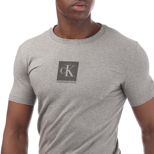 Mens Calvin Klein Monogram Logo T-Shirt in grey.- Ribbed crew neck.- Short sleeves.- Calvin Klein Jeans logo.- Regular fit.- 94% Cotton  6% Elastane.- Ref: J30J314755PF2