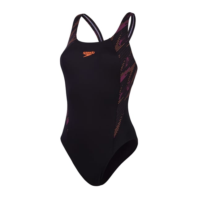 Womens Speedo Hyperback Splice Muscleback Swimsuit in black.Make a statement in HyperBoom logo prints. Paying homage to our legacy graphics  this sporty black Muscleback features flattering shaped side panel splices of our evolutionary HyperBoom logo print in intense shades of fluro red and purple. The muscleback design and medium leg offer flexibility and freedom of movement  so you can rock your workout in comfort. Made from our durable Endurance+ fabric  it's quick-drying and chlorine-resistant. Plus  the Polyester yarn in this fabric is made from 100% post-consumer waste.Ref: 81347017597Please note that returns will only be accepted if the hygiene label is still attached to the product.