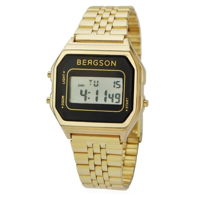 Bergson Retro Watch Oro Descubre el estilo y la elegancia de este reloj unisex Bergson, modelo Retro BGW8159U3AR. Este reloj de cuarzo unisex en color dorado no debe faltar en tu colección. Esta prenda imprescindible combina un estilo elegante con un aspecto clásico y vintage que atrae tanto a mujeres como a hombres. Con su esfera digital y funciones adicionales como cronómetro, visualización de fecha y hora y alarma, este reloj para mujeres y hombres ofrece no solo una apariencia encantadora sino también practicidad. Con una resistencia al agua de 3 ATM, es apto para el uso diario. Un hermoso regalo para dar y recibir, este reloj Bergson encarna clase atemporal y funcionalidad para cualquier ocasión. Puede comprar el reloj de pulsera unisex Bergson con descuento en oferta. Reloj retro Bergson unisex dorado en oferta El reloj de cuarzo unisex Bergson Retro BGW8159U3AR combina un estilo retro atemporal con una funcionalidad moderna. Con una caja de reloj de 34 mm y una esfera digital negra vintage, irradia elegancia clásica. El vidrio mineral y la carcasa de acero inoxidable brindan durabilidad y protección. Los detalles en color dorado añaden un toque de glamour. Este reloj multifuncional tiene un cronógrafo preciso, alarma, visualización de fecha y hora y función de cronómetro. El cierre de seguridad mantiene el reloj seguro en la muñeca. Es una combinación perfecta de encanto retro y tecnología moderna, lo que lo convierte en un accesorio esencial para cualquier persona preocupada por el estilo. Compre el reloj de cuarzo unisex Bergson en oferta ahora Ver todos los modelos relojes.