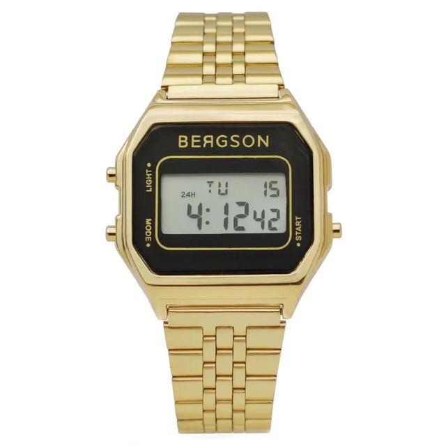 Bergson Retro Watch Oro Descubre el estilo y la elegancia de este reloj unisex Bergson, modelo Retro BGW8159U3AR. Este reloj de cuarzo unisex en color dorado no debe faltar en tu colección. Esta prenda imprescindible combina un estilo elegante con un aspecto clásico y vintage que atrae tanto a mujeres como a hombres. Con su esfera digital y funciones adicionales como cronómetro, visualización de fecha y hora y alarma, este reloj para mujeres y hombres ofrece no solo una apariencia encantadora sino también practicidad. Con una resistencia al agua de 3 ATM, es apto para el uso diario. Un hermoso regalo para dar y recibir, este reloj Bergson encarna clase atemporal y funcionalidad para cualquier ocasión. Puede comprar el reloj de pulsera unisex Bergson con descuento en oferta. Reloj retro Bergson unisex dorado en oferta El reloj de cuarzo unisex Bergson Retro BGW8159U3AR combina un estilo retro atemporal con una funcionalidad moderna. Con una caja de reloj de 34 mm y una esfera digital negra vintage, irradia elegancia clásica. El vidrio mineral y la carcasa de acero inoxidable brindan durabilidad y protección. Los detalles en color dorado añaden un toque de glamour. Este reloj multifuncional tiene un cronógrafo preciso, alarma, visualización de fecha y hora y función de cronómetro. El cierre de seguridad mantiene el reloj seguro en la muñeca. Es una combinación perfecta de encanto retro y tecnología moderna, lo que lo convierte en un accesorio esencial para cualquier persona preocupada por el estilo. Compre el reloj de cuarzo unisex Bergson en oferta ahora Ver todos los modelos relojes.