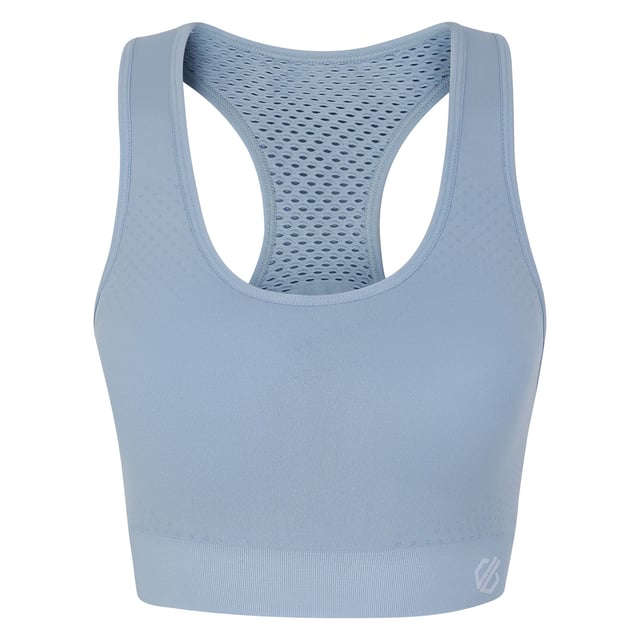 Material: 92% polyamide, 8% elastane. Medium impact sports bra. SeamSmart technology. Q-Wic plus seamless nylon/elastane or polyester/elastane knitted fabric. Anti-bacterial odour control treatment. Good wicking performance. Quick drying. Removable pads. Racer back design. Chest sizes to fit: (XS): 76-81cm, (S): 87cm, (M): 89-97cm, (L): 99-107cm.