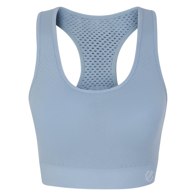 Material: 92% polyamide, 8% elastane. Medium impact sports bra. SeamSmart technology. Q-Wic plus seamless nylon/elastane or polyester/elastane knitted fabric. Anti-bacterial odour control treatment. Good wicking performance. Quick drying. Removable pads. Racer back design. Chest sizes to fit: (XS): 76-81cm, (S): 87cm, (M): 89-97cm, (L): 99-107cm.