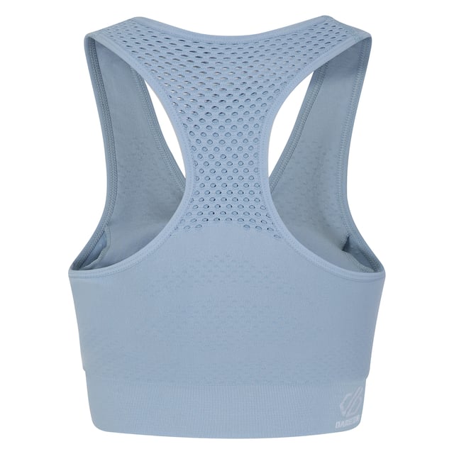 Material: 92% polyamide, 8% elastane. Medium impact sports bra. SeamSmart technology. Q-Wic plus seamless nylon/elastane or polyester/elastane knitted fabric. Anti-bacterial odour control treatment. Good wicking performance. Quick drying. Removable pads. Racer back design. Chest sizes to fit: (XS): 76-81cm, (S): 87cm, (M): 89-97cm, (L): 99-107cm.