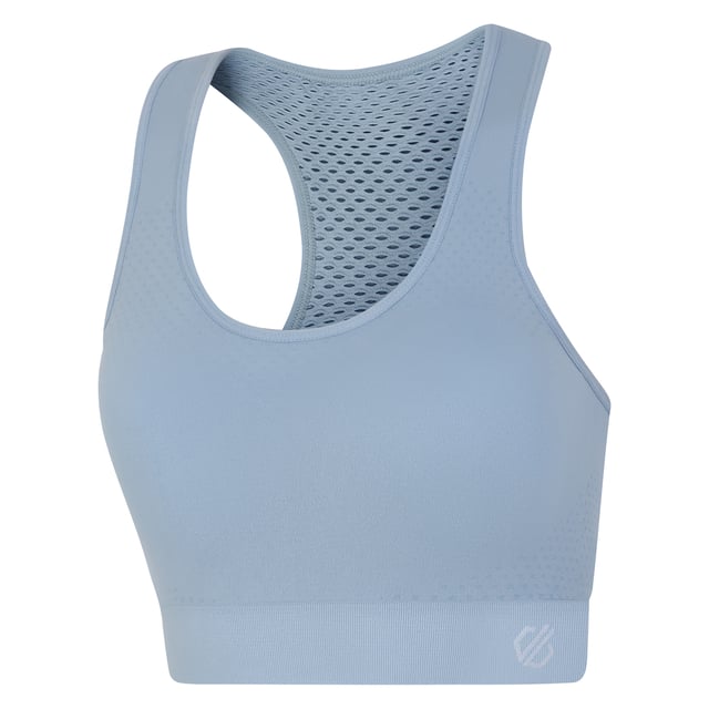 Material: 92% polyamide, 8% elastane. Medium impact sports bra. SeamSmart technology. Q-Wic plus seamless nylon/elastane or polyester/elastane knitted fabric. Anti-bacterial odour control treatment. Good wicking performance. Quick drying. Removable pads. Racer back design. Chest sizes to fit: (XS): 76-81cm, (S): 87cm, (M): 89-97cm, (L): 99-107cm.