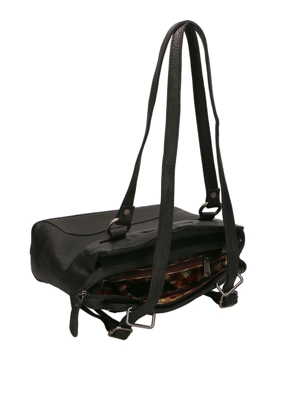 Bolso bandolera convertible en mochila de hombre. El cierre es con cremallera. Los bolsillos internos son dos con cremallera y dos abiertos. Los bolsillos externos son uno en la espalda con cremallera. La bandolera es ajustable en piel. El mango es de piel. Hay dos compartimentos internos. El material exterior es auténtica piel de becerro engrasada. Internamente está forrado en tejido 70% algodón - 30% poliéster. Medidas: 19x27x11 cm. Producto de moda