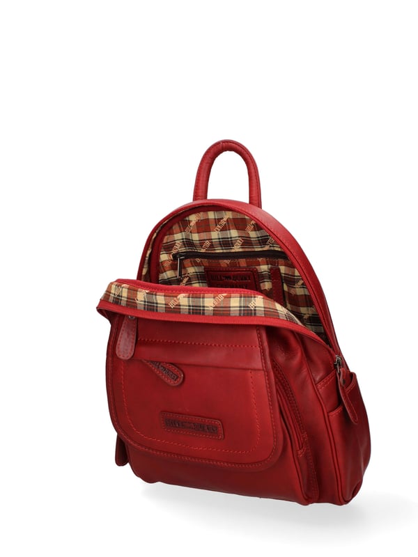 Mochila de hombre. El cierre es con cremallera. Los bolsillos internos son uno con cremallera y otro abierto. Los bolsillos externos son uno en la parte delantera con cremallera, uno en la parte delantera con botón magnético y otro en la parte trasera con cremallera. Falta la correa para el hombro. El mango es de piel. Hay un compartimento interno. El material exterior es auténtica piel de becerro engrasada. Internamente está forrado en tejido 70% algodón - 30% poliéster. Medidas: 33x25x11 cm. Producto de moda