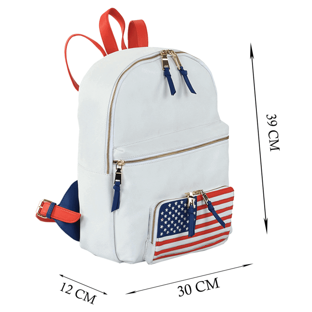 The 'Washington' White Leather Laptop Backpack is made of full grain real leather and boasts shiny gold hardware. With credit card slots, two way zippers, and a zip pocket in the front, it's both stylish and multi-functional for all your needs. Upgrade your everyday carry with this luxurious designer backpack.
Outstanding US stripe and star logo on the front pocket. Two way shiny gold zip top opening. Two zipped pockets on the front. Top grab handle. 15 inch laptop and tablet compartments and slip-in pockets. Multi-purpose use and a travel companion. Internal features, include: Credit card pockets. Leather encased mirror. Key ring holder. Mobile holder. Fittings: Gold. Composition: Body: 100% Genuine Leather. Lining: 100% Polyester.
DISCLAIMER : All pictures shown are for illustration purpose only. Actual product colour may vary due to different ambience lighting or the screen display settings. Size- W30cm x H39cm x D12cm.