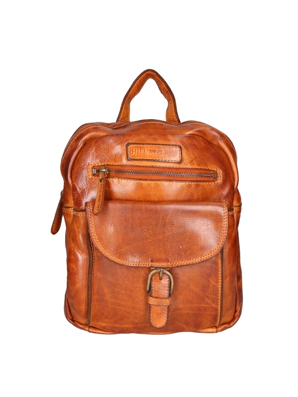 Mochila de hombre. El cierre es con cremallera. Los bolsillos internos son uno con cremallera y dos abiertos. Los bolsillos externos son uno delantero con cremallera y otro trasero con cremallera. Falta la correa para el hombro. El mango es de piel. Hay un compartimento interno. El material exterior es auténtica piel de becerro engrasada. Internamente está forrado en tejido 70% algodón - 30% poliéster. Medidas: 24x27x9 cm. Producto de moda