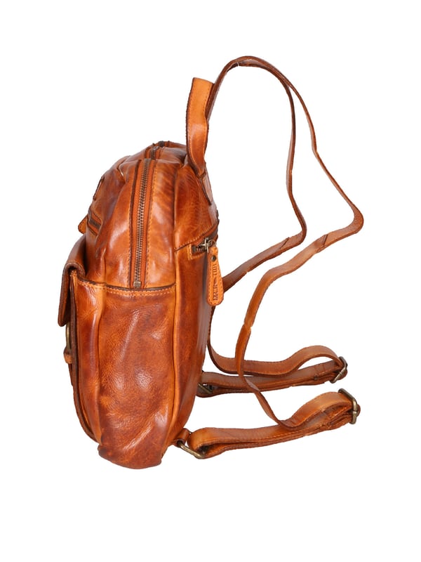 Mochila de hombre. El cierre es con cremallera. Los bolsillos internos son uno con cremallera y dos abiertos. Los bolsillos externos son uno delantero con cremallera y otro trasero con cremallera. Falta la correa para el hombro. El mango es de piel. Hay un compartimento interno. El material exterior es auténtica piel de becerro engrasada. Internamente está forrado en tejido 70% algodón - 30% poliéster. Medidas: 24x27x9 cm. Producto de moda