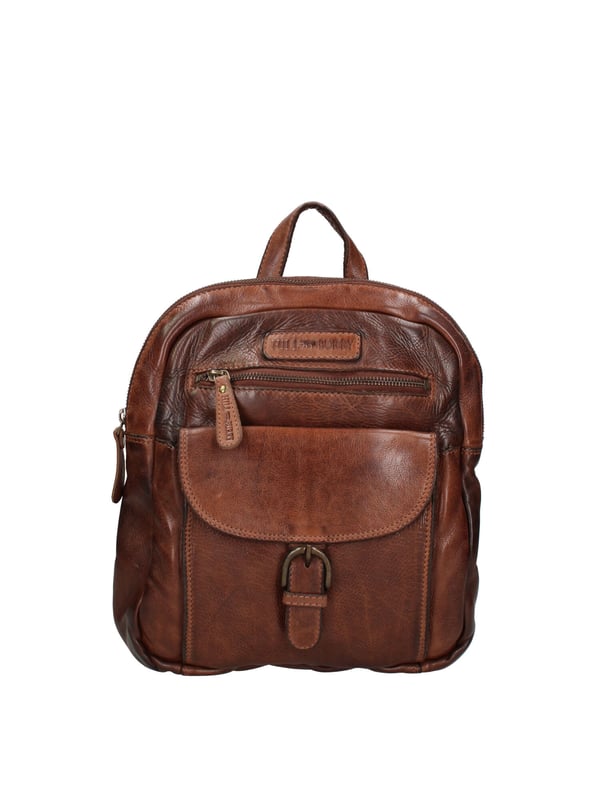 Mochila de hombre. El cierre es con cremallera. Los bolsillos internos son uno con cremallera y dos abiertos. Los bolsillos externos son uno delantero con cremallera y otro trasero con cremallera. Falta la correa para el hombro. El mango es de piel. Hay un compartimento interno. El material exterior es auténtica piel de becerro engrasada. Internamente está forrado en tejido 70% algodón - 30% poliéster. Medidas: 24x27x9 cm. Producto de moda