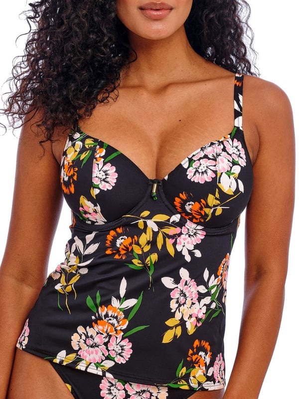 Freya Twilight Soul Tankini Top. Plunge tankini top with light padding, a straight cut back for an outerwear look and a front tie detail. This product is recommended as hand wash only.