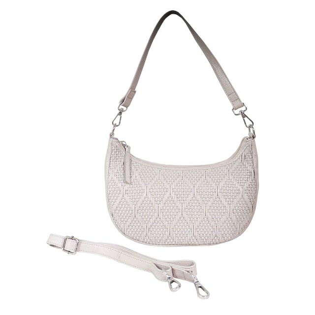 Indulge in luxury with the Assots Premium 'Wonder Weave' Real Leather Woven Designer Shoulder Crossbody Bag. Meticulously crafted with articulate weaving, this bag exudes sophistication and perfection. Its artisanal slot weave creates a unique sense of movement and texture, making it a versatile and luxurious everyday companion. Its versatile design allows it to be worn as a crossbody or shoulder bag, with detachable handles for convenience. Beautiful diamond shaped weaving with the finest full grain genuine leather. Detachable shoulder and crossbody handles to be worn as a crossbody bag or a shoulder bag. Lightweight. Secured zip closure opens to a fully lined and roomy compartment to accommodate all your essentials. Internal zip pocket for your smartphone, house keys and car keys. Available in 13 more elegant colours. Fittings Colour: Silver Nickel. Composition: Body: 100% Genuine Leather, Lining: Polyester. DISCLAIMER: All pictures shown are for illustration purpose only. Actual product colour may vary due to different ambience lighting or the screen display settings. Size- W29cm x H18cm x D8cm.