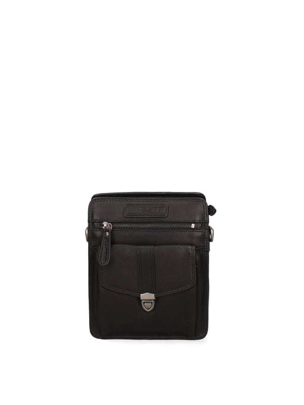 Bolso bandolera para hombre. El cierre es con cremallera. Hay dos bolsillos internos con cremalleras. Los bolsillos externos son uno frontal con cremallera, otro frontal con cierre a presión y otro trasero con cremallera. La bandolera es ajustable y extraíble en piel. Falta el mango. Hay dos compartimentos internos. El material exterior es auténtica piel de becerro engrasada. Internamente está forrado en tejido 70% algodón - 30% poliéster. Medidas: 22,5x18x9 cm. Producto de moda