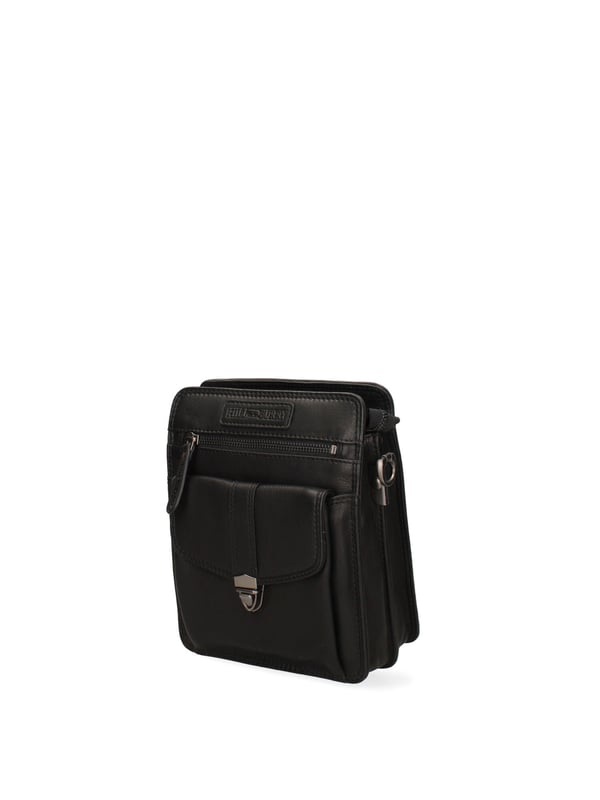 Bolso bandolera para hombre. El cierre es con cremallera. Hay dos bolsillos internos con cremalleras. Los bolsillos externos son uno frontal con cremallera, otro frontal con cierre a presión y otro trasero con cremallera. La bandolera es ajustable y extraíble en piel. Falta el mango. Hay dos compartimentos internos. El material exterior es auténtica piel de becerro engrasada. Internamente está forrado en tejido 70% algodón - 30% poliéster. Medidas: 22,5x18x9 cm. Producto de moda
