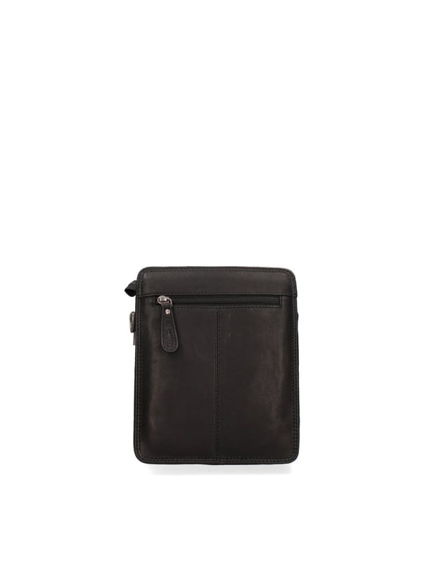 Bolso bandolera para hombre. El cierre es con cremallera. Hay dos bolsillos internos con cremalleras. Los bolsillos externos son uno frontal con cremallera, otro frontal con cierre a presión y otro trasero con cremallera. La bandolera es ajustable y extraíble en piel. Falta el mango. Hay dos compartimentos internos. El material exterior es auténtica piel de becerro engrasada. Internamente está forrado en tejido 70% algodón - 30% poliéster. Medidas: 22,5x18x9 cm. Producto de moda