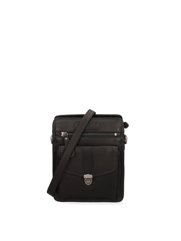 Bolso bandolera para hombre. El cierre es con cremallera. Hay dos bolsillos internos con cremalleras. Los bolsillos externos son uno frontal con cremallera, otro frontal con cierre a presión y otro trasero con cremallera. La bandolera es ajustable y extraíble en piel. Falta el mango. Hay dos compartimentos internos. El material exterior es auténtica piel de becerro engrasada. Internamente está forrado en tejido 70% algodón - 30% poliéster. Medidas: 22,5x18x9 cm. Producto de moda