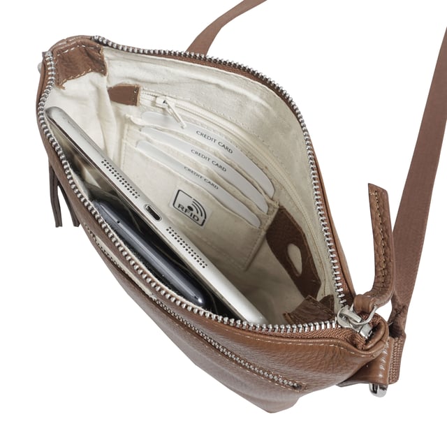 RUE' Soft Pebble Grain Leather Crossbody Bag The Assots timeless design 'Rue' crossbody bag is beautifully handcrafted from the finest & softest pebble grain genuine leather. Effortlessly stylish, this real leather crossbody features four zip pockets to organise your essentials when you're out and about. Ideal as an everyday bag, the 'Rue' is a must-have addition to your collection of luxurious leather handbags. Secured zip top closure opens to a fully lined and roomy interior. Pure cotton fabric lining used in natural beige making it a free from plastic product. Secured two zip pockets at the front to slide in your essentials such as face covering, smart phone and more. Back zip pocket for quick and easy access to your essentials. Adjustable long cotton webbing shoulder strap handle for a comfortable carry. Lightweight. Adorned with the inimitable Assots London clean finish silver metal logo at the front. Fittings colour: Silver Nickel. Composition: Body: 100% Genuine Leather. Lining: Pure Cotton. DISCLAIMER: All pictures shown are for illustration purposes only. Actual product colour may vary due to different ambience lighting or the screen display settings. Size- W22cm x H21cm x D3cm.