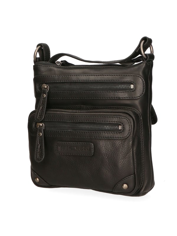 Bolso bandolera para hombre. El cierre es con cremallera. Los bolsillos internos son uno con cremallera y otro abierto. Los bolsillos externos son dos delanteros con cremallera y uno trasero con cremallera. La bandolera es ajustable en piel. Falta el mango. Hay dos compartimentos internos. El material exterior es auténtica piel de becerro engrasada. Internamente está forrado en tejido 70% algodón - 30% poliéster. Medidas: 22x23x5 cm. Producto de moda
