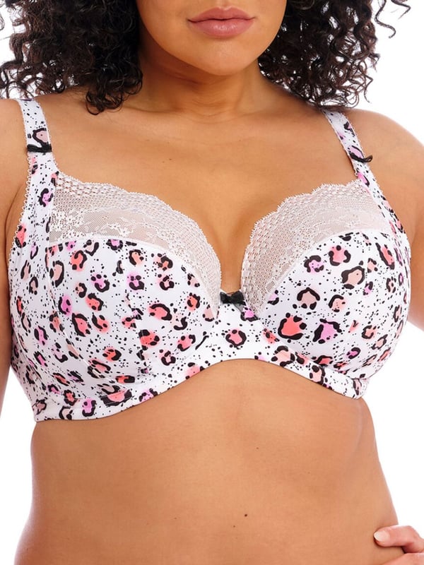 Elomi Lucie Bra. Three section printed cup with side support panel for forward shape and a stretch lace and low centre gore creating a plunge shape. Product is hand wash only.