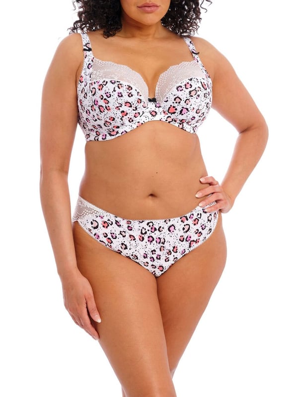 Elomi Lucie Bra. Three section printed cup with side support panel for forward shape and a stretch lace and low centre gore creating a plunge shape. Product is hand wash only.