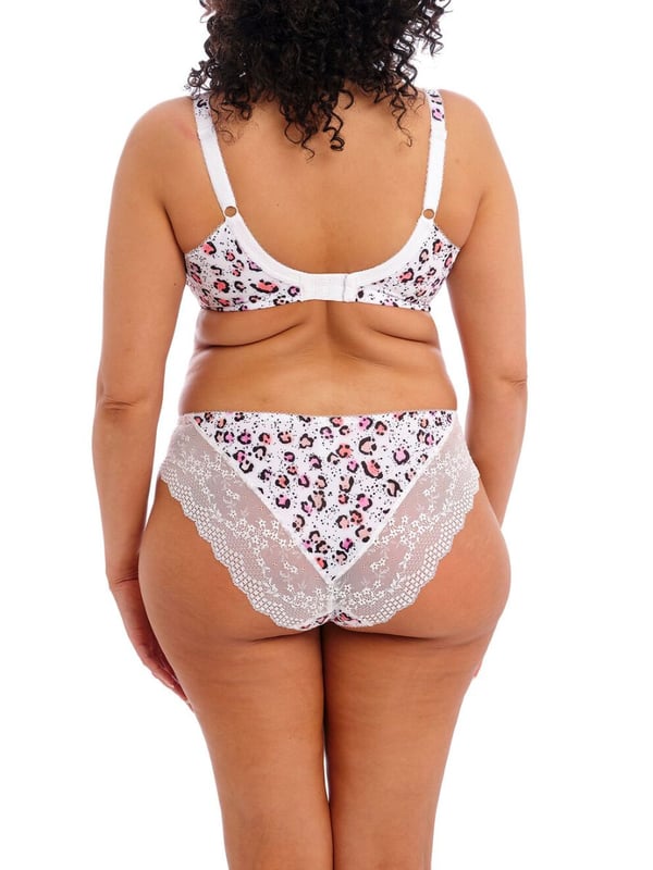 Elomi Lucie Bra. Three section printed cup with side support panel for forward shape and a stretch lace and low centre gore creating a plunge shape. Product is hand wash only.