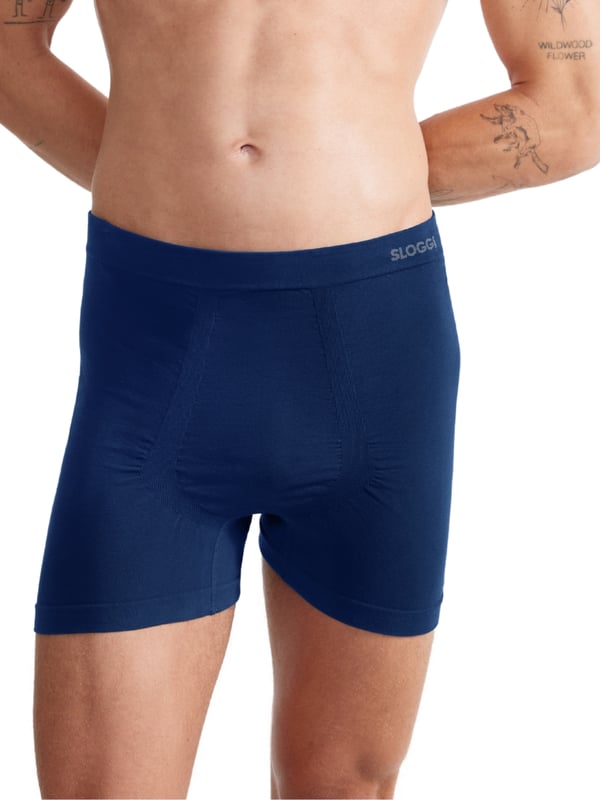 Sloggi Mens GO Smooth Short C2P. Multipack of seamless mens underwear made with sustainable organic cotton and recycled polyamide. Mens boxer briefs with a lined pouch. The product is recommended for gentle machine wash only.