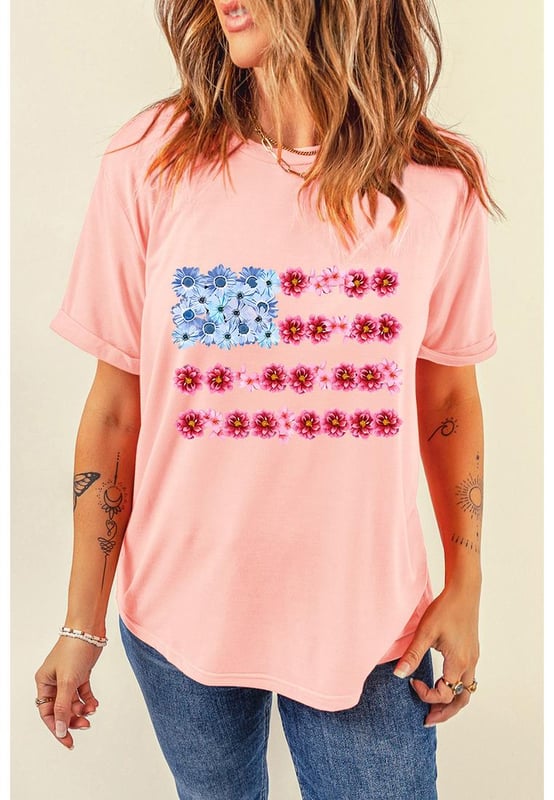 Pink Floral Printed Crew Neck Flag Day T Shirt
  Delicate floral pattern
  Classic crew neck style
  Short sleeves
  Available in a range of sizes
  See size chart for details
Material: 62% Polyester 32% Cotton 6% Elastane