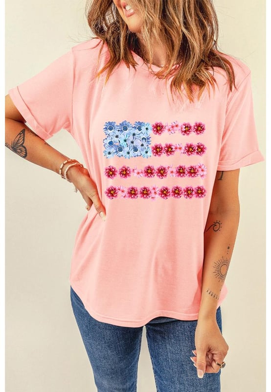 Pink Floral Printed Crew Neck Flag Day T Shirt
  Delicate floral pattern
  Classic crew neck style
  Short sleeves
  Available in a range of sizes
  See size chart for details
Material: 62% Polyester 32% Cotton 6% Elastane