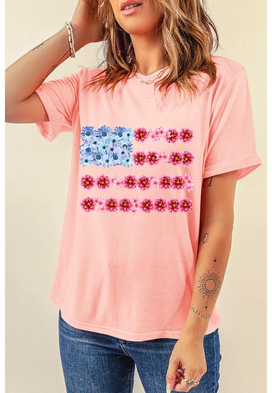 Pink Floral Printed Crew Neck Flag Day T Shirt
  Delicate floral pattern
  Classic crew neck style
  Short sleeves
  Available in a range of sizes
  See size chart for details
Material: 62% Polyester 32% Cotton 6% Elastane