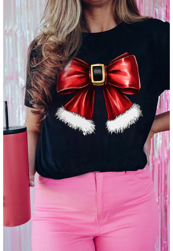 Black Christmas Big Bowknot Graphic Crewneck T
  Shirt
  Features a large bowknot graphic for a festive look
  Classic crew neck design
  Short sleeves for comfortable wear
  Perfect for pairing with jeans or casual pants
Material: 62% Polyester 32% Cotton 6% Elastane