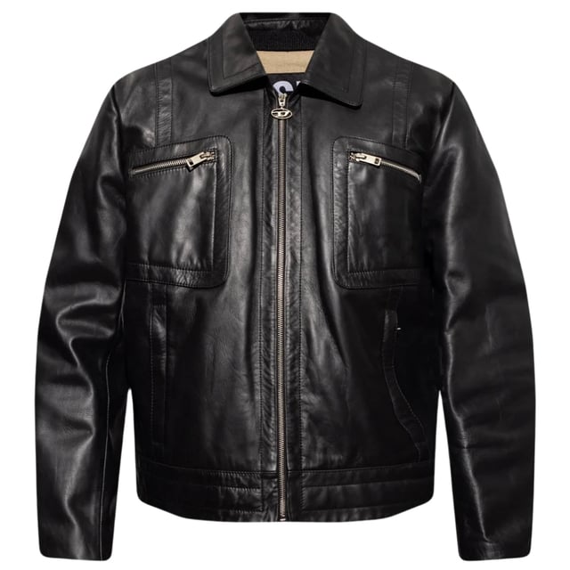 Schwarze Diesel-Lederjacke, zentraler Reißverschluss, 100 % Leder, Kragenkragen, 2 Reißverschlusstaschen auf der Brust, 2 offene Taschen, Diesel-Markenreißverschluss