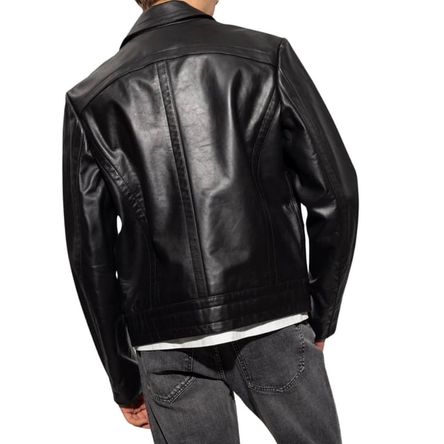 Schwarze Diesel-Lederjacke, zentraler Reißverschluss, 100 % Leder, Kragenkragen, 2 Reißverschlusstaschen auf der Brust, 2 offene Taschen, Diesel-Markenreißverschluss
