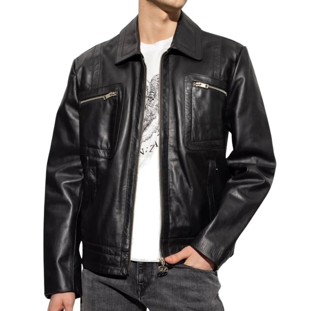 Schwarze Diesel-Lederjacke, zentraler Reißverschluss, 100 % Leder, Kragenkragen, 2 Reißverschlusstaschen auf der Brust, 2 offene Taschen, Diesel-Markenreißverschluss