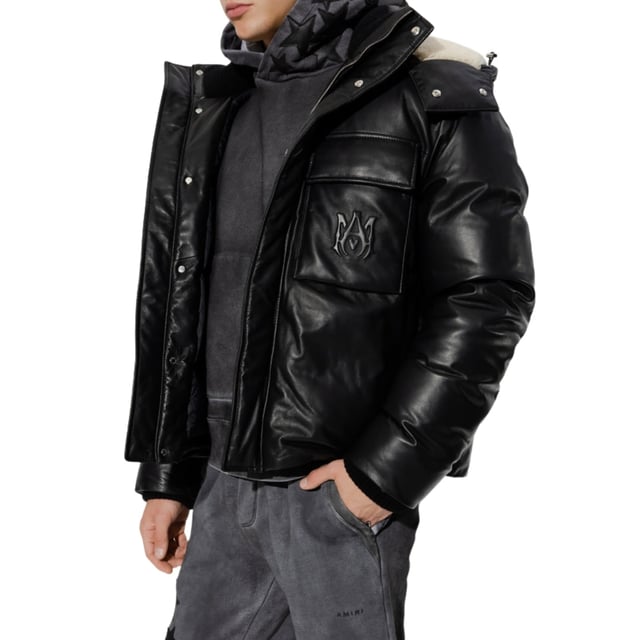 Amiri Black Jacket, Central Zip Closure, Front Pockets, Made in Italy, Plain Black Coat. Upper Material: 100% Sheepskin Leather, Lining: 100% Shearling, Filling: 100% Down, Black Coat, Hooded Jacket, Black Leather Jacket