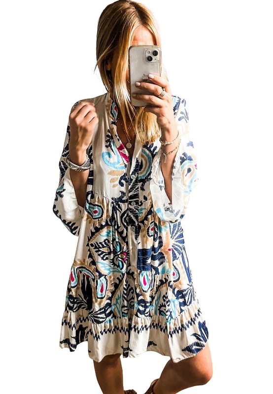 Women's Tribal Bracelet Sleeve Buttoned Mini Dress