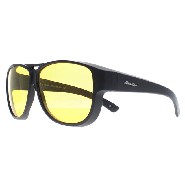 The FO6 Fit-Over Sunglasses by Montana Eyewear provide a practical solution for those who wear prescription glasses. The lightweight matte black polycarbonate frame ensures a secure and comfortable fit without adding extra bulk. Featuring polarized Cat. 1 yellow lenses, these sunglasses help reduce glare and improve contrast in low-light conditions. This makes them a useful choice for night-time driving, as they brighten the view and enhance visibility in fog, rain, and dusk. With a lens width of 64 mm, a bridge width of 15 mm, and a temple length of 140 mm, they offer a well-balanced fit. A hard case and soft pouch are included for easy storage and protection.