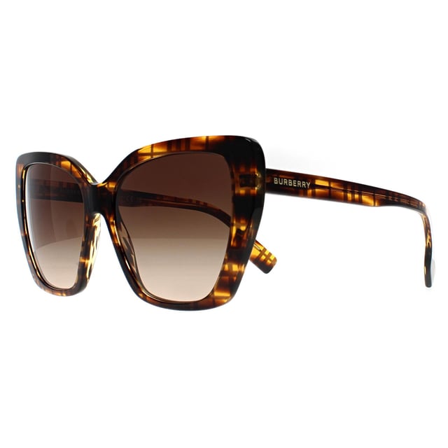 Las gafas de sol Burberry Cat Eye Womens Check on Striped Brown Gradient BE4366 Tamsin son un elegante diseño cat eye para cualquiera que desee elevar su look. Estas gafas de sol presentan una montura atrevida con una gruesa construcción de acetato que añade durabilidad y comodidad. El logotipo de Burberry se incorpora sutilmente en las patillas, añadiendo un toque de lujo al diseño.
