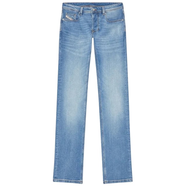 Dieselblå jeansbyxor, knappfluga, 99 % bomull, 1 % elastan stretchjeans, tillverkad i Mauritius, raka ben, märket dieselmärkt