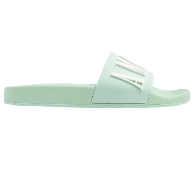 Elevate your style with Amiri sliders. Show off your fashion-forward taste and add a touch of luxury to your casual look. Perfect for any occasion, these slides will make a statement wherever you go. Upgrade your footwear game now!, Brand Logo, Perfect For The PoolSide, Pool Side Slider Sandal Sliders, Rubber Slides, Made in China, Sage Green Footwear