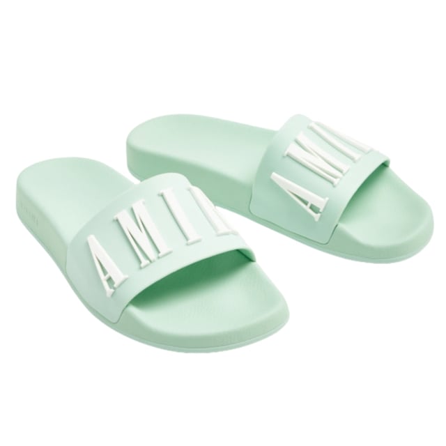 Elevate your style with Amiri sliders. Show off your fashion-forward taste and add a touch of luxury to your casual look. Perfect for any occasion, these slides will make a statement wherever you go. Upgrade your footwear game now!, Brand Logo, Perfect For The PoolSide, Pool Side Slider Sandal Sliders, Rubber Slides, Made in China, Sage Green Footwear
