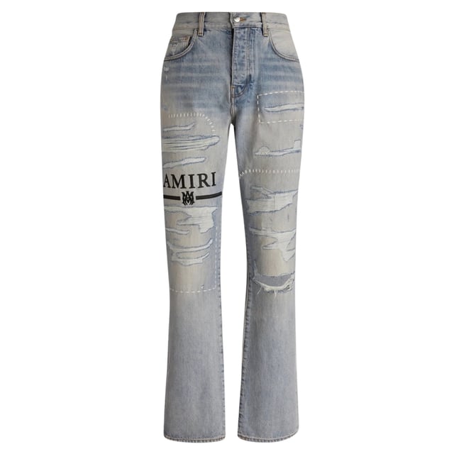 Amiri Blue Denim Byxor , Button Fly , 100 % Cotton Denim, Tillverkad i USA, raka ben, Amiri Branded Badge