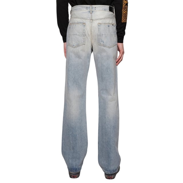 Amiri Blue Denim Byxor , Button Fly , 100 % Cotton Denim, Tillverkad i USA, raka ben, Amiri Branded Badge