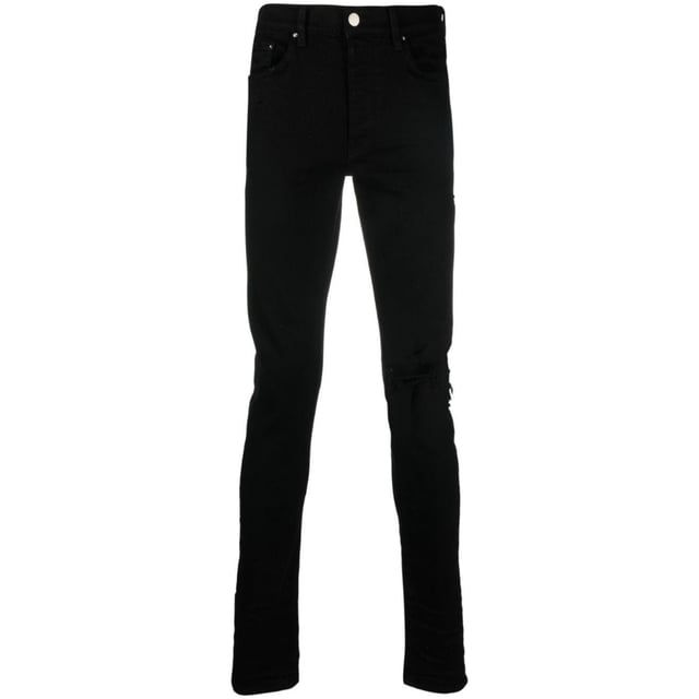 Pantalones vaqueros negros Amiri, bragueta de botones, 92 % algodón, 6 % elastomultiéster, 2 % elastano, fabricado en EE. UU., pernera recta, insignia de la marca Amiri