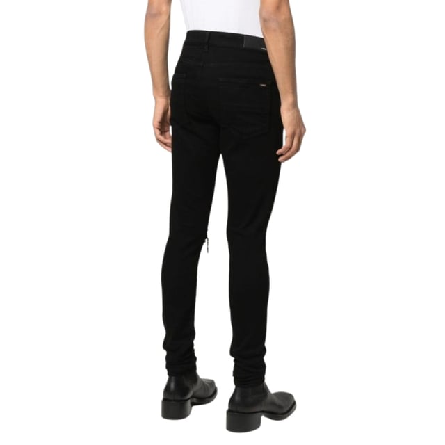 Pantalones vaqueros negros Amiri, bragueta de botones, 92 % algodón, 6 % elastomultiéster, 2 % elastano, fabricado en EE. UU., pernera recta, insignia de la marca Amiri